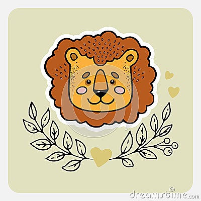 Lion. Cute funny hand drawn animal with hearts, leaves and branches. Vector Illustration